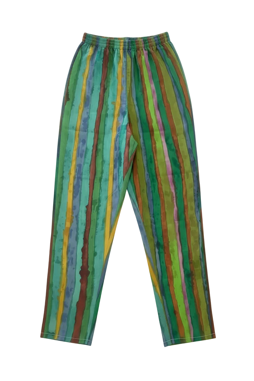 A pair of loose-fitting pants with a vibrant vertical stripe pattern in green, blue, yellow, orange, and pink, displayed flat against a white background.